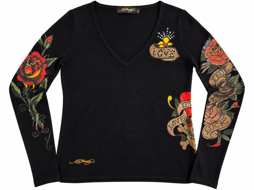 Ed Hardy By Christian Audigier Women’s Black Y2K V Neck Sweater Size Large